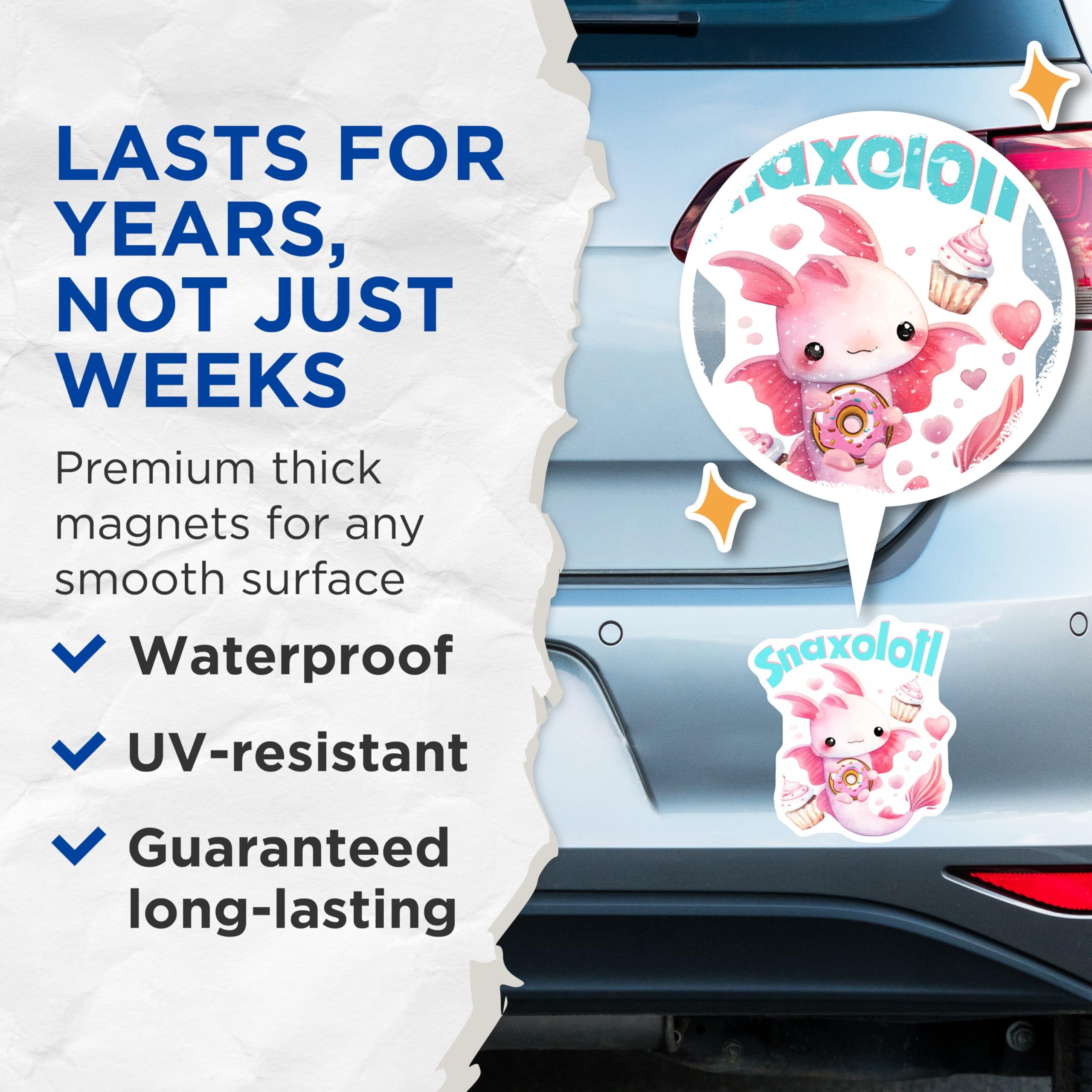 (2 Pack) Axolotl Cute Snack Magnets - Kawaii Axolotl Decor - 5" On Longest Side - for Cars, Fridges, Toolboxes - Made in USA - MAG7786