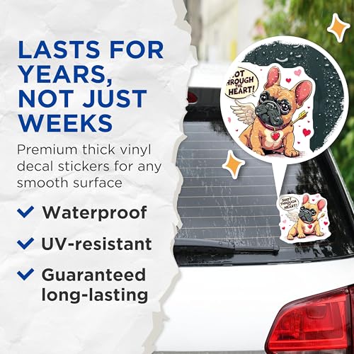 (2 Pack) Shot Through The Heart Bulldog Stickers - Cute French Bulldog Stickers - Funny Dog Lover Stickers - 5" On Longest Side - Sticks to Smooth Flat Surfaces - Made in USA - BMCS4662