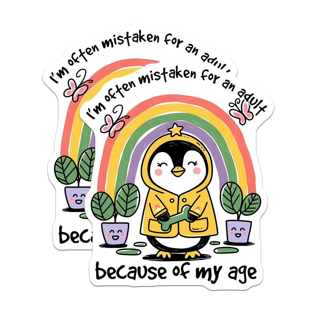 (2 Pack) Cute Penguin Stickers - I'm Often Mistaken for an Adult Stickers - Rainbow Penguin Stickers - 5" On Longest Side - Sticks to Any Smooth Flat Surface - Made in USA - BMCS3306