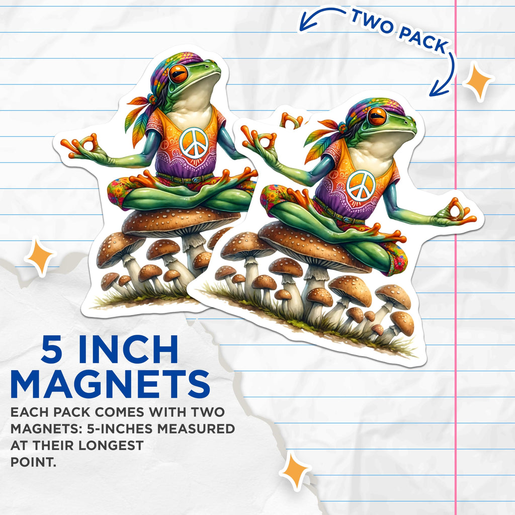 (2 Pack) Yoga Frog Magnets - Mushroom Meditating Toad - Peaceful Hippie Decor - 5" On Longest Side - Premium Magnet - for Cars, Refrigerators, Toolboxes, Lockers - Made in USA - MAG17000