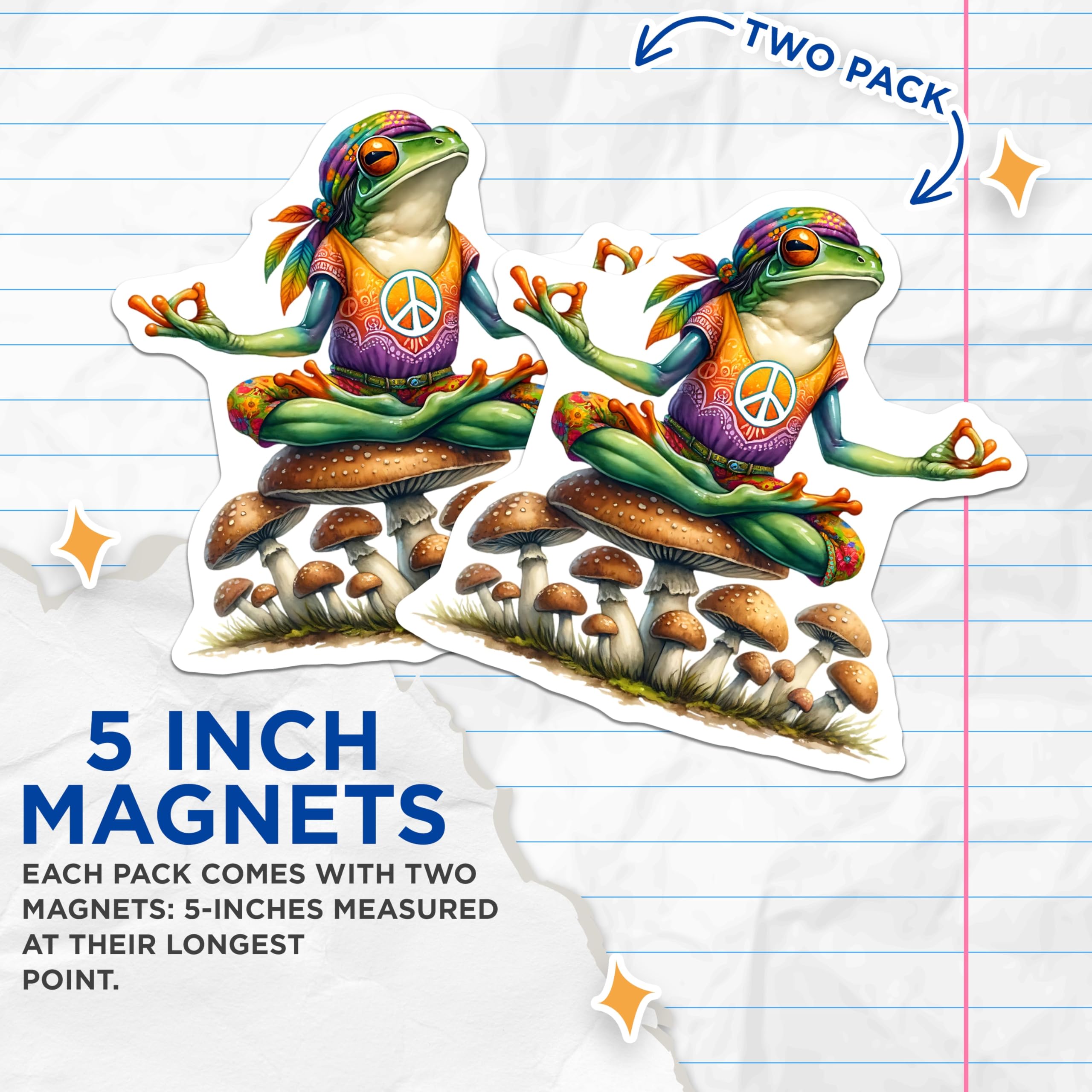 (2 Pack) Yoga Frog Magnets - Mushroom Meditating Toad - Peaceful Hippie Decor - 5" On Longest Side - Premium Magnet - for Cars, Refrigerators, Toolboxes, Lockers - Made in USA - MAG17000
