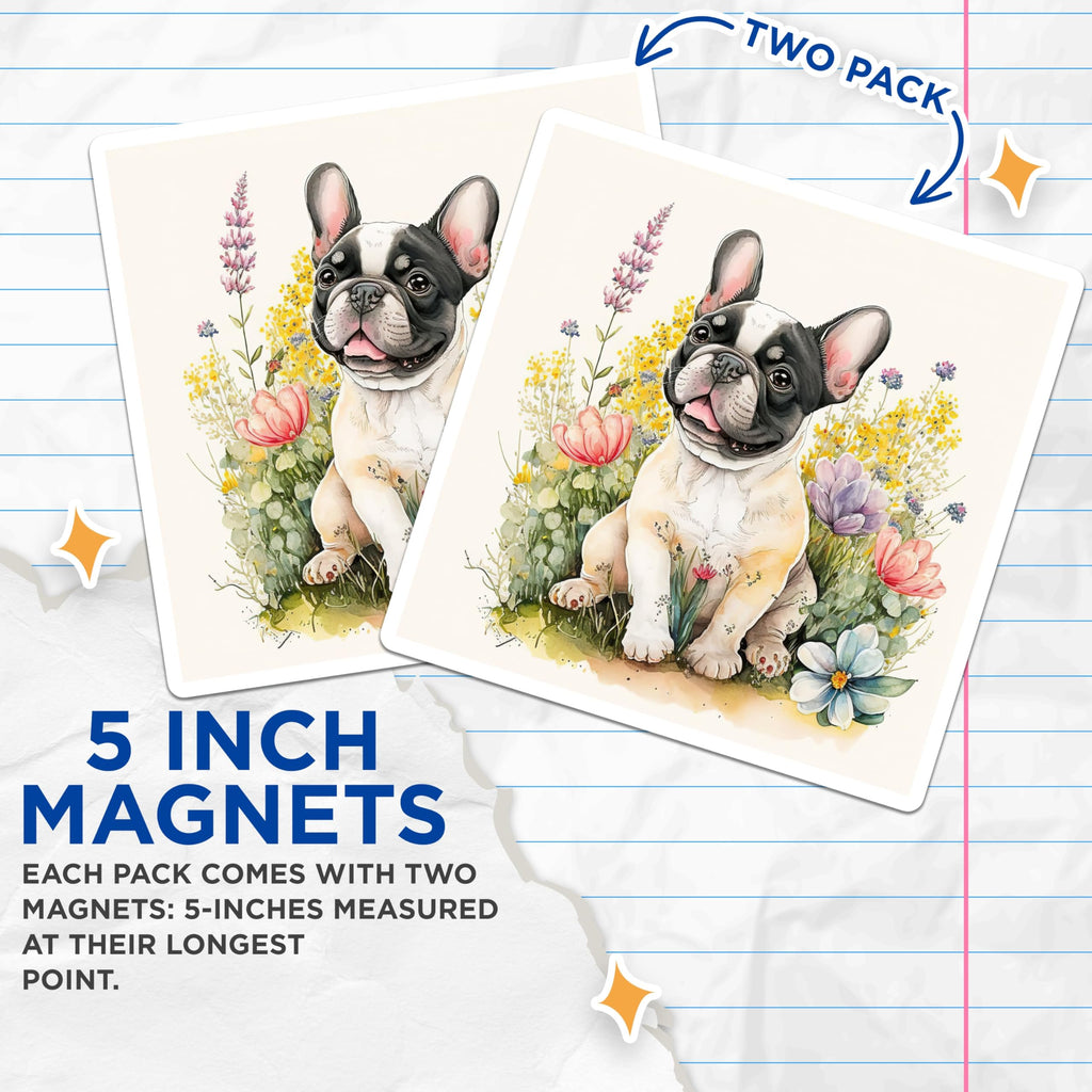 (2 Pack) French Bulldog Magnets - Cute Dog Breed Decor - Floral Art Refrigerator Magnets - 5" On Longest Side - Premium Magnet - for Cars, Refrigerators, Toolboxes, Lockers - Made in USA - MAG14011