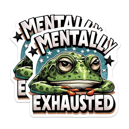 (2 Pack) Mentally Exhausted Stickers - Funny Frog Stickers - Mental Health Awareness Decals - 5" On Longest Side - Sticks to Smooth Flat Surfaces - Made in USA - BMCS4576