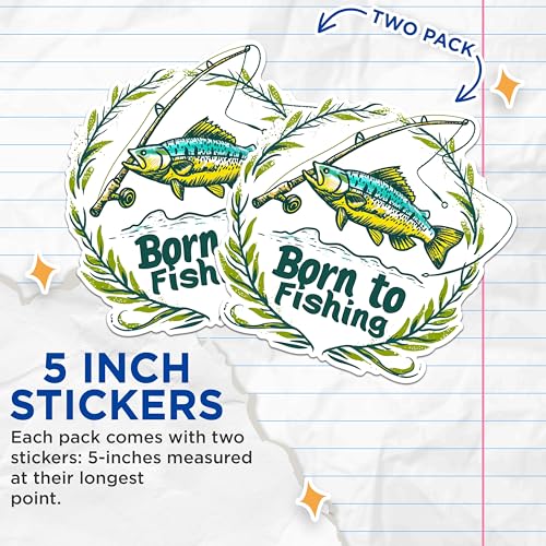 (2 Pack) Born to Fishing Stickers - Fishing Enthusiast Stickers - Angler Fish Design - 5" On Longest Side - Sticks to Any Smooth Flat Surface - Made in USA - BMCS2621