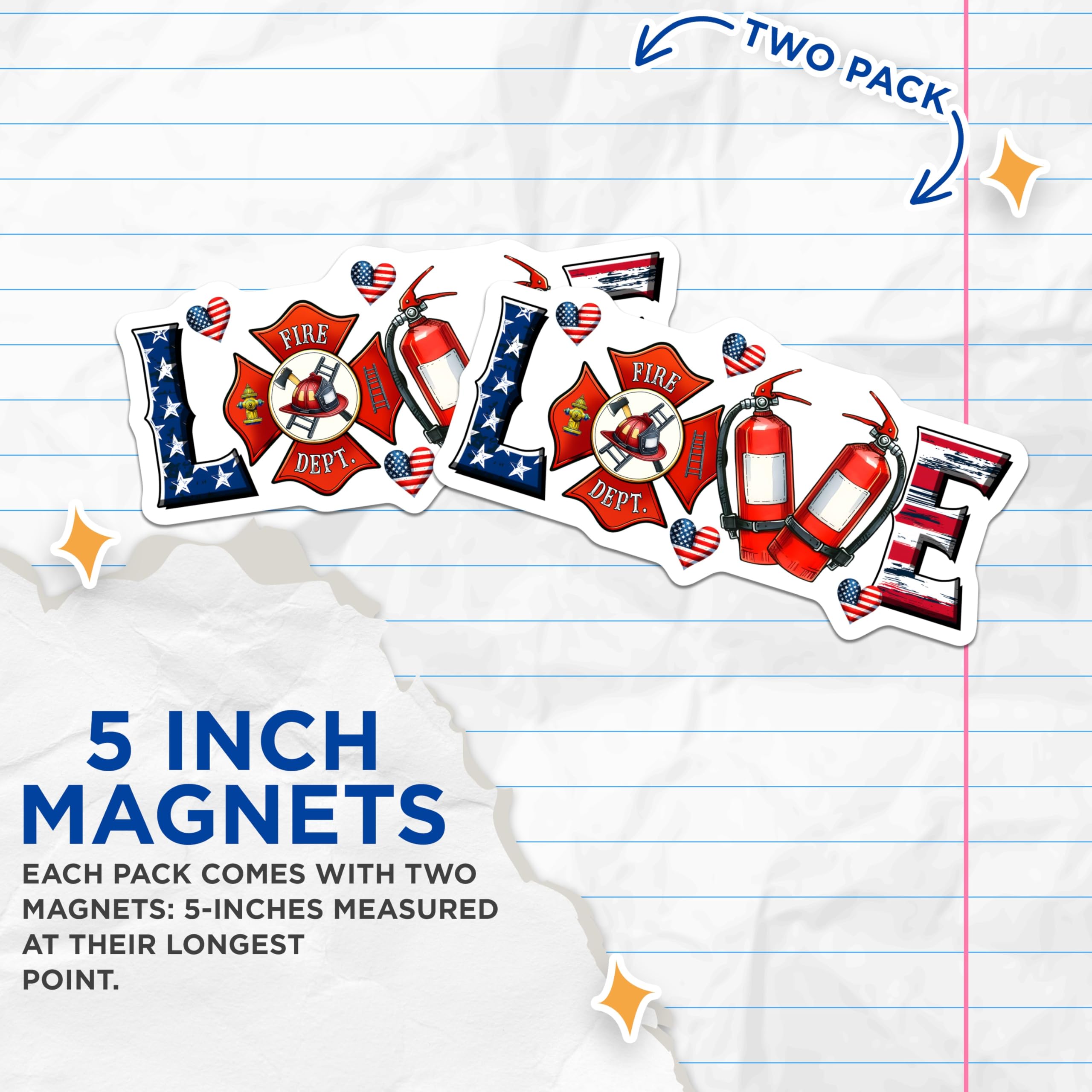 (2 Pack) Firefighter Love Magnets - Fire Dept Emblem - Patriotic Responder Appreciation - 5" On Longest Side - Premium Magnet - for Cars, Refrigerators, Toolboxes, Lockers - Made in USA - MAG16092