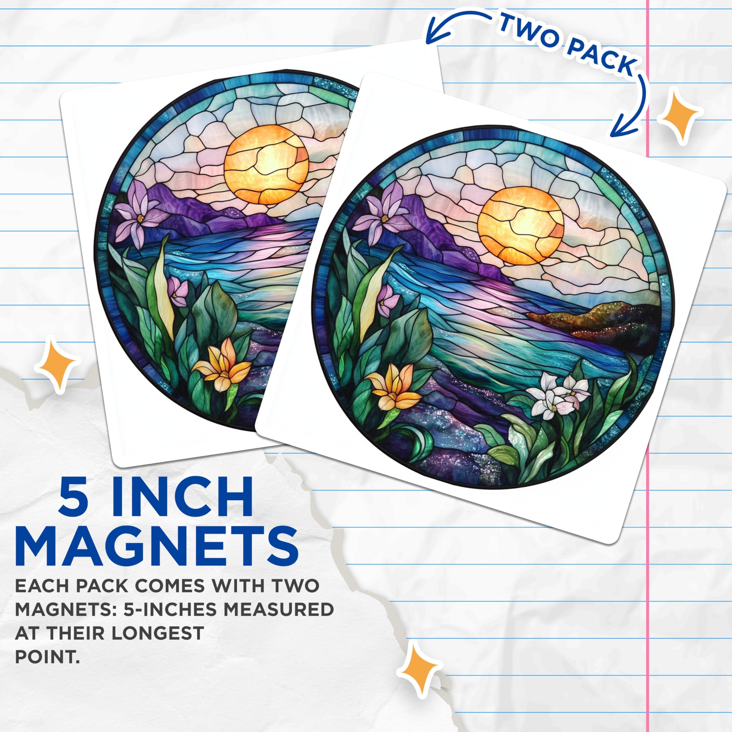 (2 Pack) Stained Glass Magnets - Ocean Sunset Tropical Floral - Vibrant Artistic Refrigerator Accent - 5 Inches On Longest Side - Thick Durable Magnet - Made in USA - MAG24550