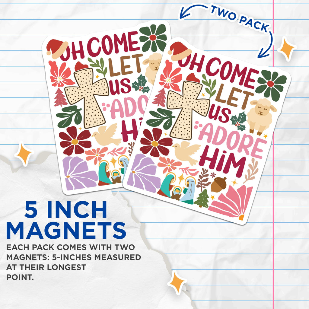 (2 Pack) Oh Come Let Us Adore Him Magnets - Christian Christmas Decor - Nativity Scene Refrigerator Magnet - 5 Inches On Longest Side - Thick Durable Magnet - Made in USA - MAG30500