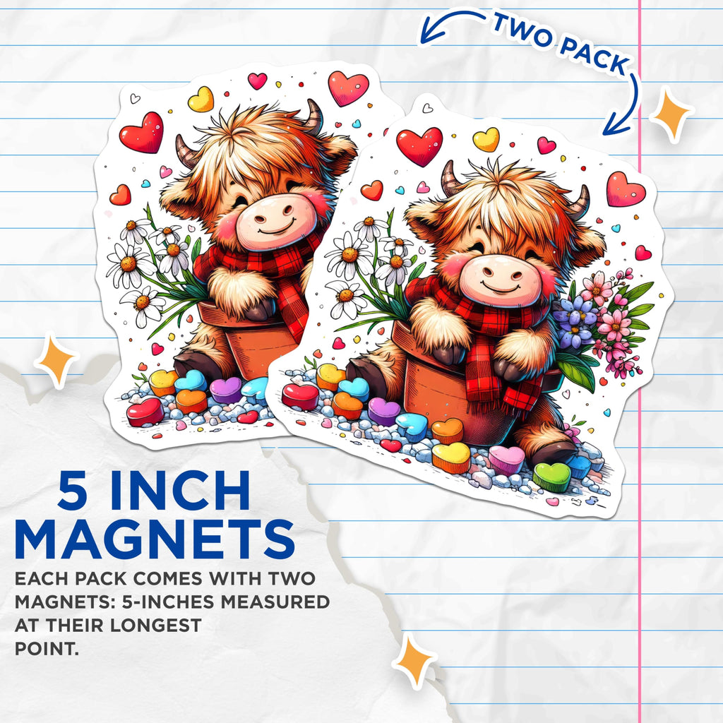 (2 Pack) Highland Cow Magnets - Cute Animal Design - Heart Decor Fridge Magnets - 5" On Longest Side - Premium Magnet - for Cars, Refrigerators, Toolboxes, Lockers - Made in USA - MAG14243