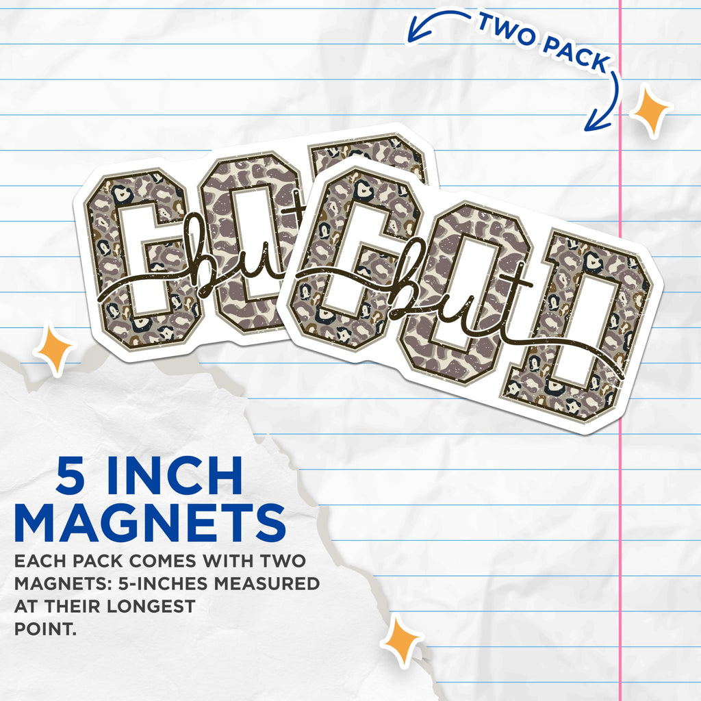 (2 Pack) GOD but Magnets - Leopard Print Cross Design - Christian Faith Inspirational Decor - 5 Inches On Longest Side - Thick Durable Magnet - Made in USA - MAG23468