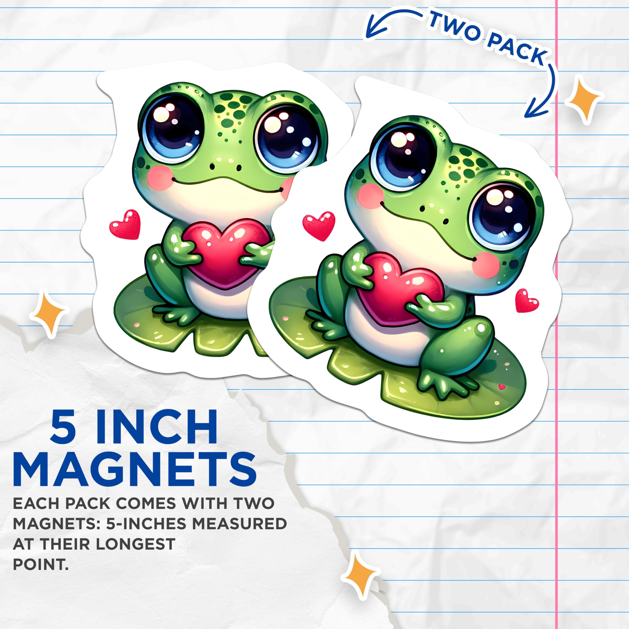 (2 Pack) Kawaii Frog Magnets - Cute Amphibian Heart Love Decor - Big Eye Froggy Fridge Locker Display Accessories - 5 Inches On Longest Side - Thick Durable Magnet - Made in USA - MAG22172