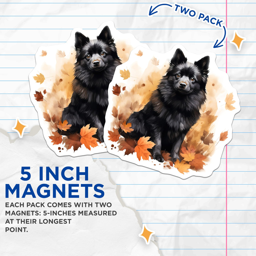 (2 Pack) Fluffy Black Dog Magnets - Autumn Leaves Fall Decor - Pet Owner Refrigerator Accent - Cute Animal Lover - 5 Inches On Longest Side - Thick Durable Magnet - Made in USA - MAG25191