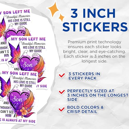 (3 Pack) Son Remembrance Decals - Memorial Butterfly - Loss of Son - 3 Inches On Longest Side - Easy Peel & Apply - Made in USA - 3MCS4901
