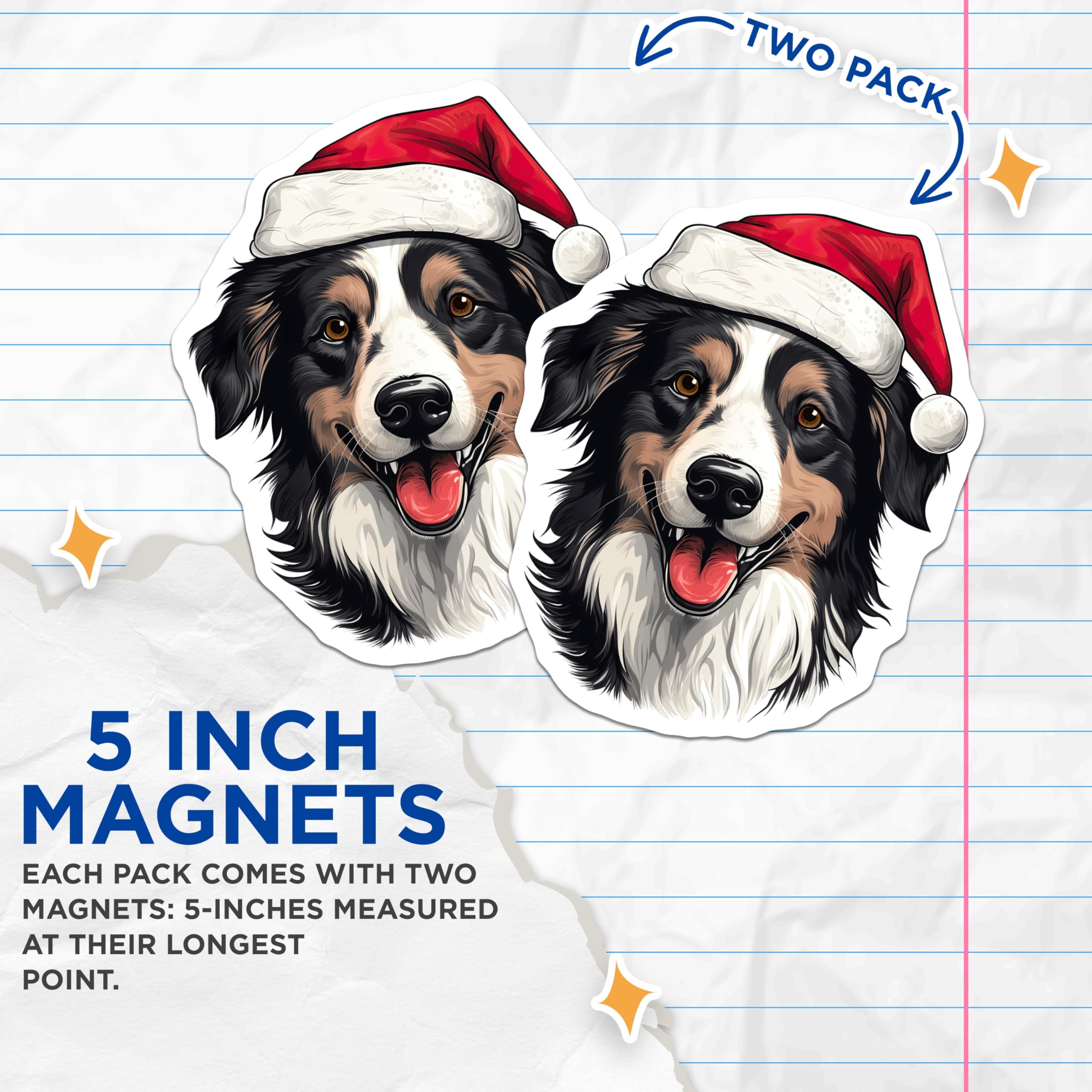 (2 Pack) Australian Shepherd Magnets - Christmas Dog Refrigerator Decor - Holiday Pet Lover - 5 Inches On Longest Side - Thick Durable Magnet - Made in USA - MAG25151