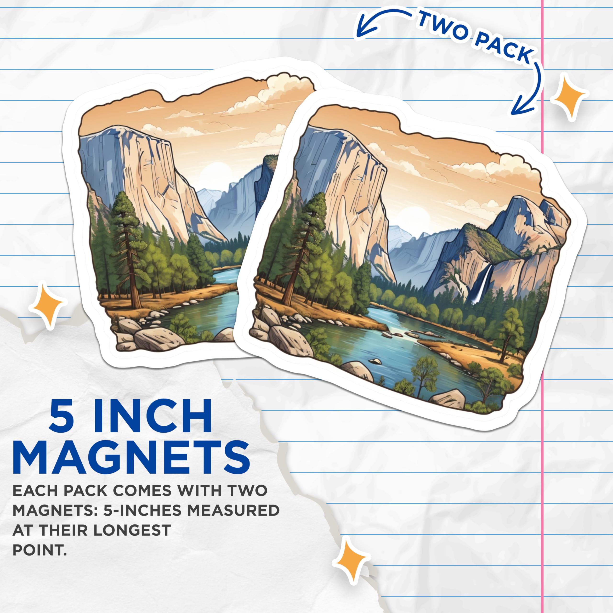 (2 Pack) Yosemite National Park Magnets - Valley Landscape Art - Scenic Mountain Waterfall Scene - 5 Inches On Longest Side - Thick Durable Magnet - Made in USA - MAG21702