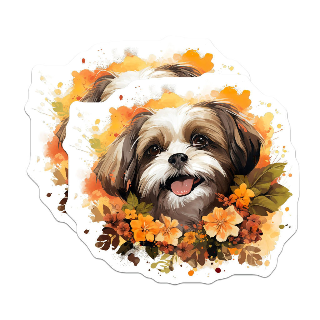 (2 Pack) Shih Tzu Dog Magnets - Autumn Puppy Art - Pet Lover Refrigerator Decor - Fall Kitchen Decor - 5 Inches On Longest Side - Thick Durable Magnet - Made in USA - MAG30923