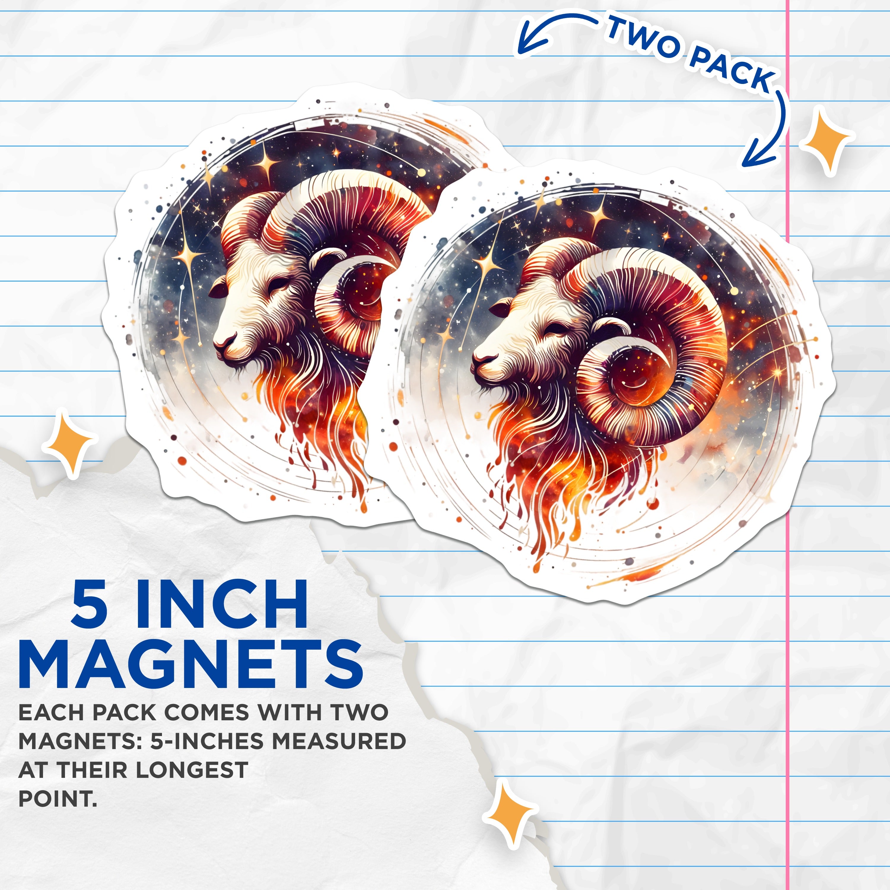 (2 Pack) Aries Zodiac Magnets - Ram Head Astrology Decor - Celestial Star Sign Birthday - 5 Inches On Longest Side - Thick Durable Magnet - Made in USA - MAG39375