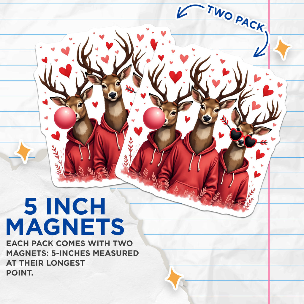 (2 Pack) Cool Deer Magnets - Valentine Heart Sunglasses - Bubblegum Animal Fridge Decor - 5 Inches On Longest Side - Thick Durable Magnet - Made in USA - MAG36443