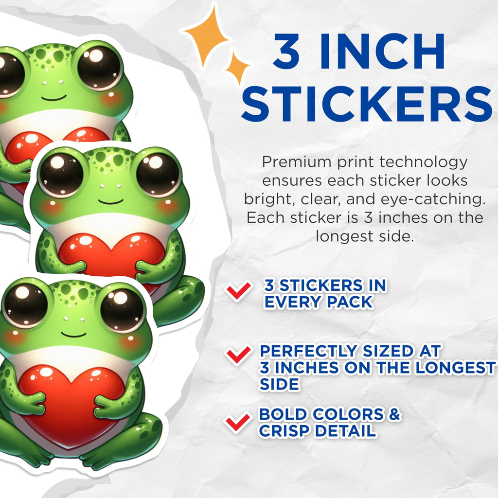 (3 Pack) Frog Heart Decals - Cute Frog Sticker - Laptop Decals - 3 Inches On Longest Side - Easy Peel & Apply - Made in USA - 3MCS2449