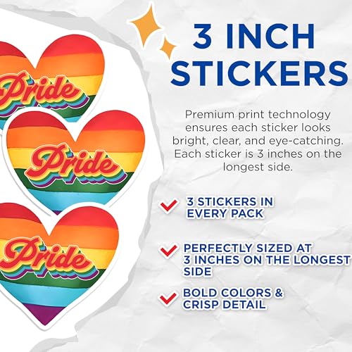 (3 Pack) Pride Heart Decals - Rainbow Pride - LGBT Decals - 3 Inches On Longest Side - Easy Peel & Apply - Made in USA - 3MCS7047