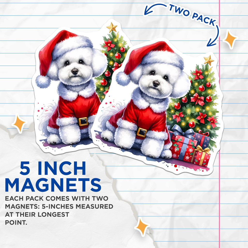 (2 Pack) Santa Dog Magnets - Christmas Bichon Frise Poodle Decor - Cute Holiday Refrigerator Animal Lover - 5 Inches On Longest Side - Thick Durable Magnet - Made in USA - MAG27932