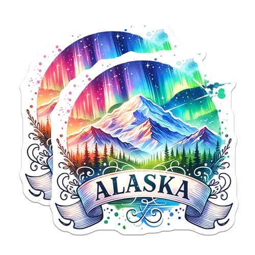 (2 Pack) Alaska Northern Lights Magnets - Scenic Mountain - Aurora Borealis Art - 5" On Longest Side - for Cars, Fridges, Toolboxes - Made in USA - MAG6780