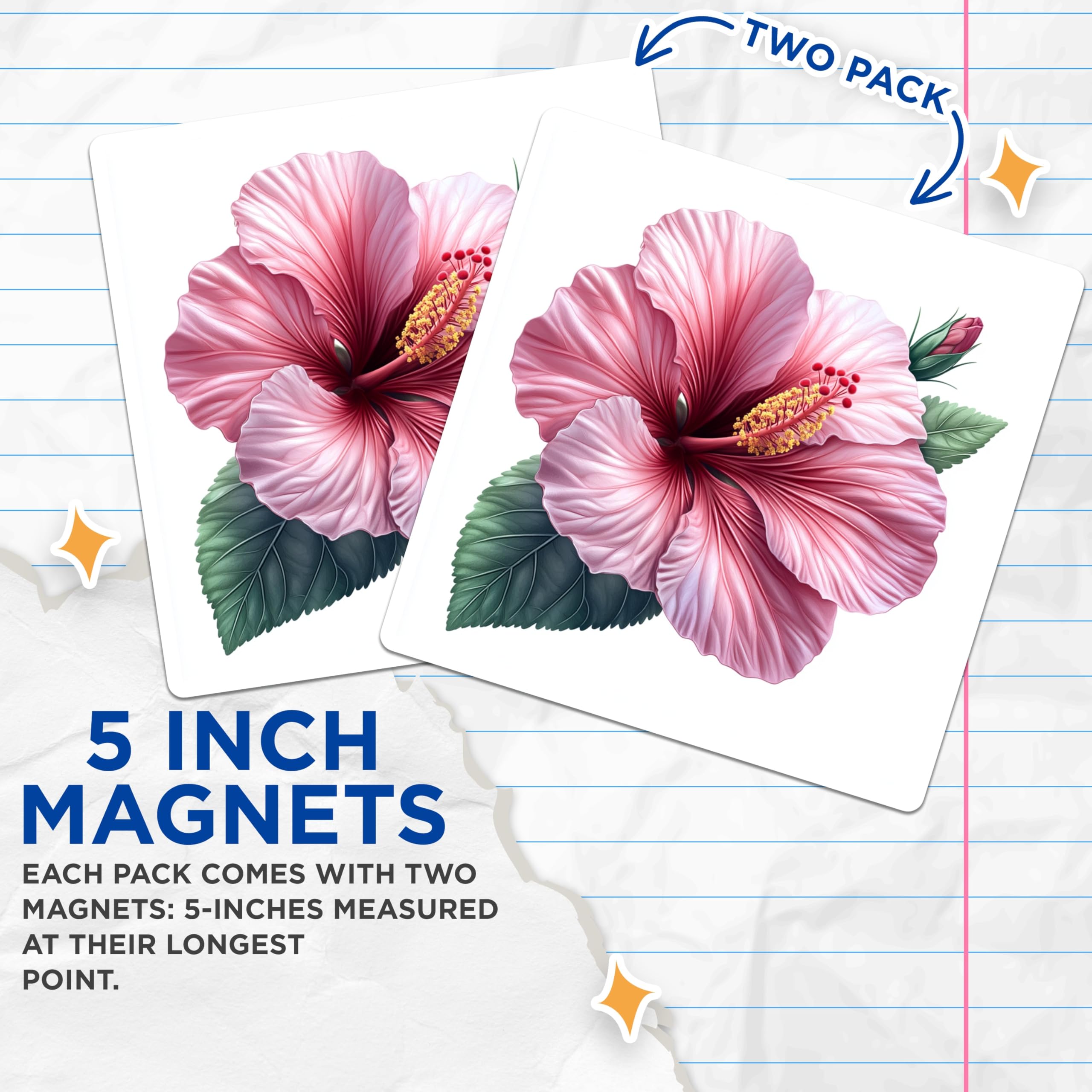 (2 Pack) Pink Hibiscus Magnets - Tropical Flower Decor - Botanical Fridge Accents - 5 Inches On Longest Side - Thick Durable Magnet - Made in USA - MAG26597