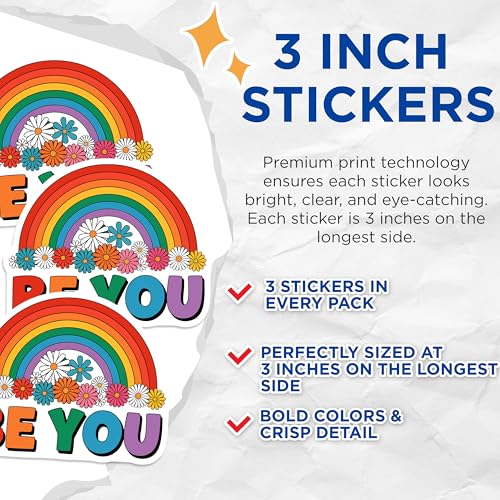 (3 Pack) Rainbow Flower Decals - Be You Sticker - Laptop Decoration - 3 Inches On Longest Side - Easy Peel & Apply - Made in USA - 3MCS2674