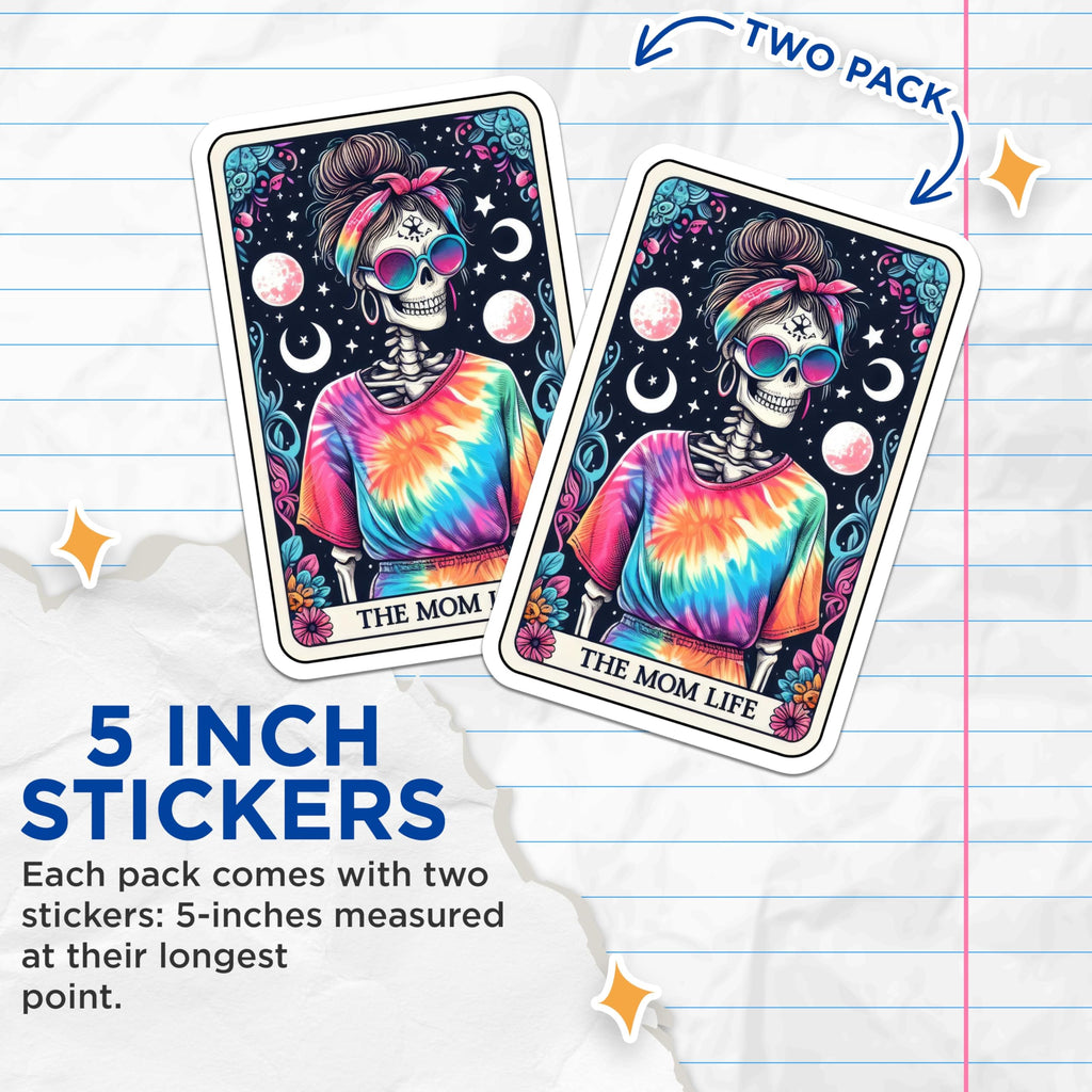 (2 Pack) Mom Life Skeleton Stickers - Tie Dye Messy Bun Mama - Bohemian Mystic Moon Stars - Spooky Cool Mama Vibes - 5" On Longest Side - Sticks to Smooth Flat Surfaces - Made in USA - BMCS20861