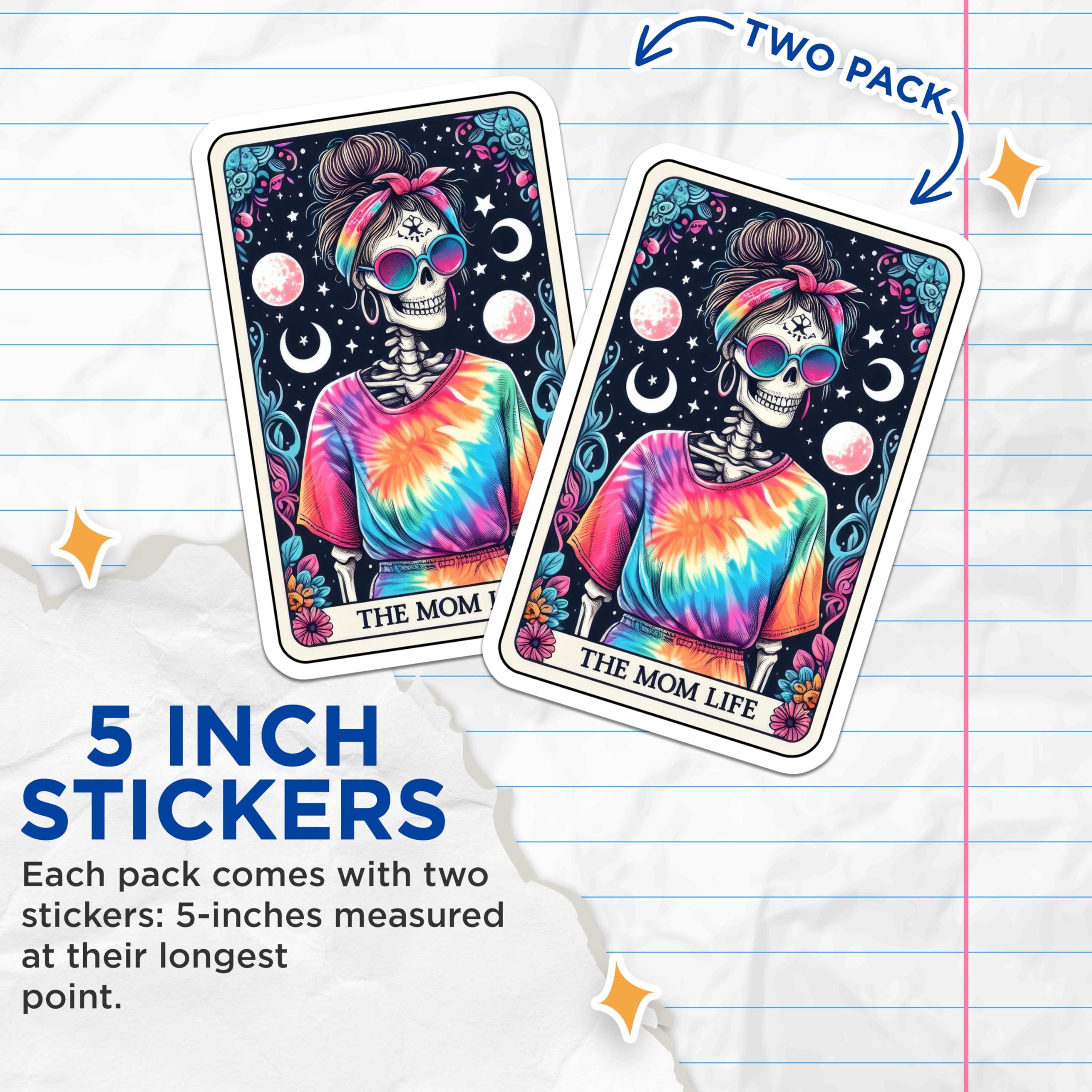 (2 Pack) Mom Life Skeleton Stickers - Tie Dye Messy Bun Mama - Bohemian Mystic Moon Stars - Spooky Cool Mama Vibes - 5" On Longest Side - Sticks to Smooth Flat Surfaces - Made in USA - BMCS20861