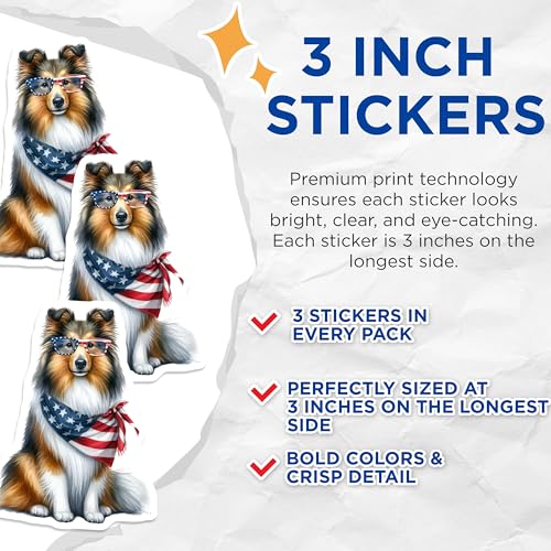 (3 Pack) Sheltie Dog Decals - Patriotic American - Laptop Decals- 3 Inches On Longest Side - Easy Peel & Apply - Made in USA - 3MCS5465