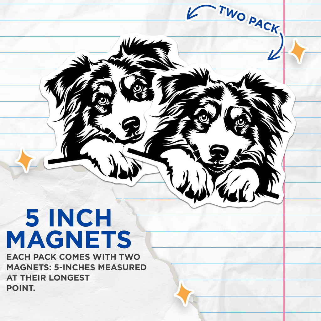 (2 Pack) Border Collie Dog Magnets - Australian Shepherd Pet Lover Decor - Dog Mom Fridge Accent - Animal Fan Refrigerator Art - 5" - Thick Durable Magnet - Made in USA - MAG39723