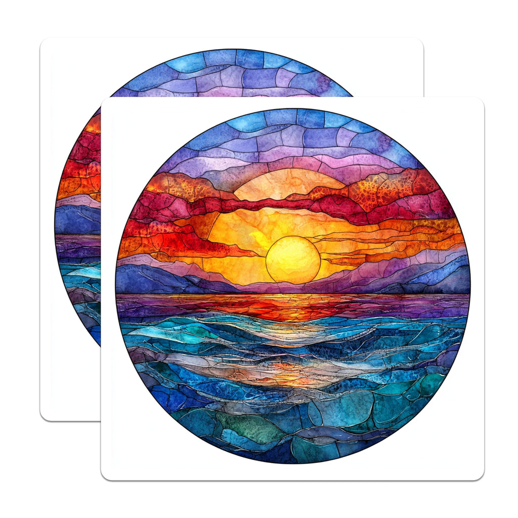 (2 Pack) Stained Glass Sunset Magnets - Vibrant Ocean Waves - Bohemian Nature Art - 5 Inches On Longest Side - Thick Durable Magnet - Made in USA - MAG28916