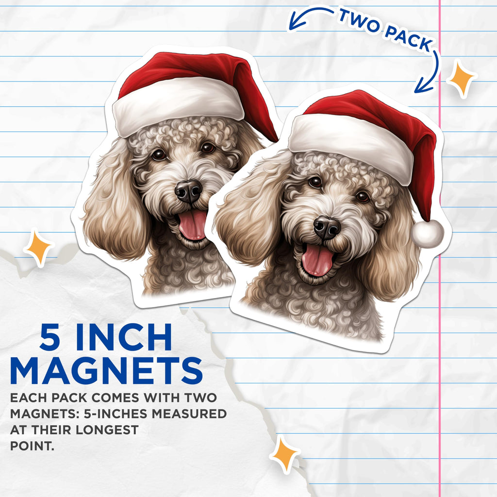 (2 Pack) Christmas Poodle Magnets - Santa Hat Dog Decor - Holiday Pet Lover Kitchen Accent - 5 Inches On Longest Side - Thick Durable Magnet - Made in USA - MAG26849
