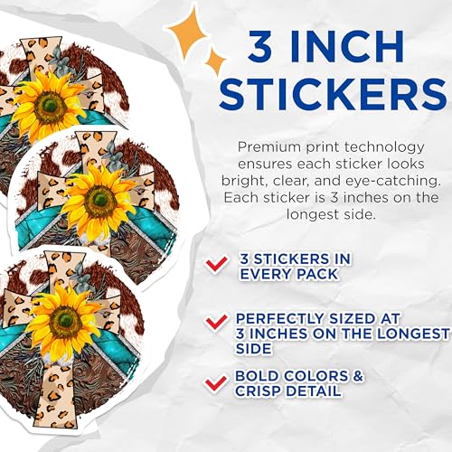 (3 Pack) Sunflower Cross Decals - Western Turquoise Decals - Leopard Print Decal - 3 Inches On Longest Side - Easy Peel & Apply - Made in USA - 3MCS4472