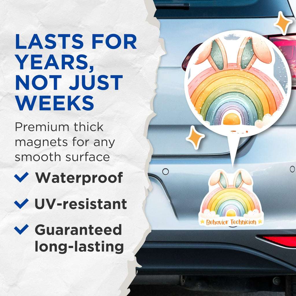 (2 Pack) Behavior Technician Magnets - Rainbow Bunny Ear Magnets - Support Staff Appreciation - 5" On Longest Side - for Cars, Refrigerators, Toolboxes, Lockers - Made in USA BMCS3169