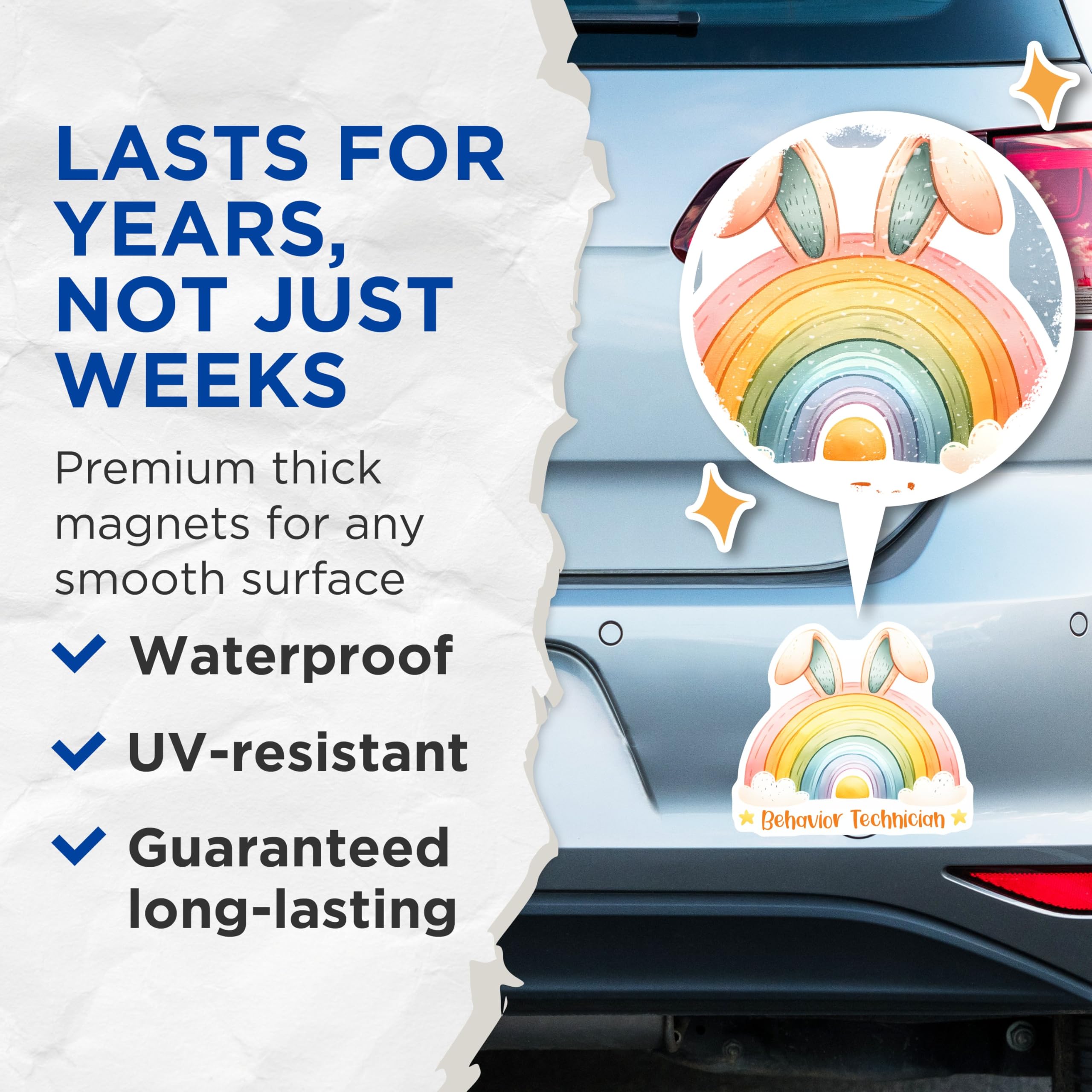 (2 Pack) Behavior Technician Magnets - Rainbow Bunny Ear Magnets - Support Staff Appreciation - 5" On Longest Side - for Cars, Refrigerators, Toolboxes, Lockers - Made in USA BMCS3169