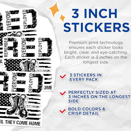 (3 Pack) Remember Everyone Deployed Decals - Military Boots - American Flag Decal - 3 Inches On Longest Side - Easy Peel & Apply - Made in USA - 3MCS4297
