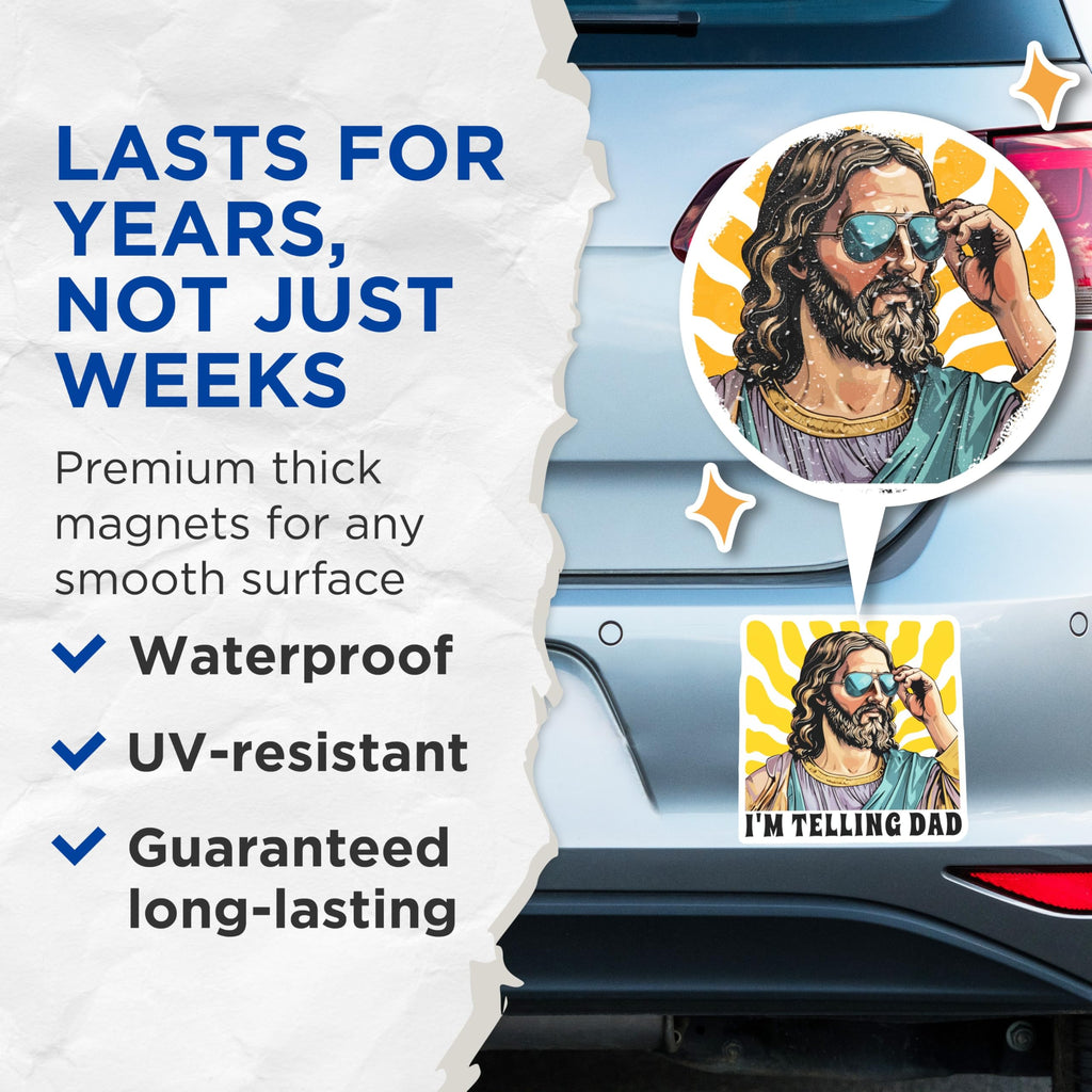 (2 Pack) Im Telling Dad Magnets - Funny Jesus with Sunglasses - Retro Religious Humor - 5 Inches On Longest Side - Thick Durable Magnet - Made in USA - MAG29155