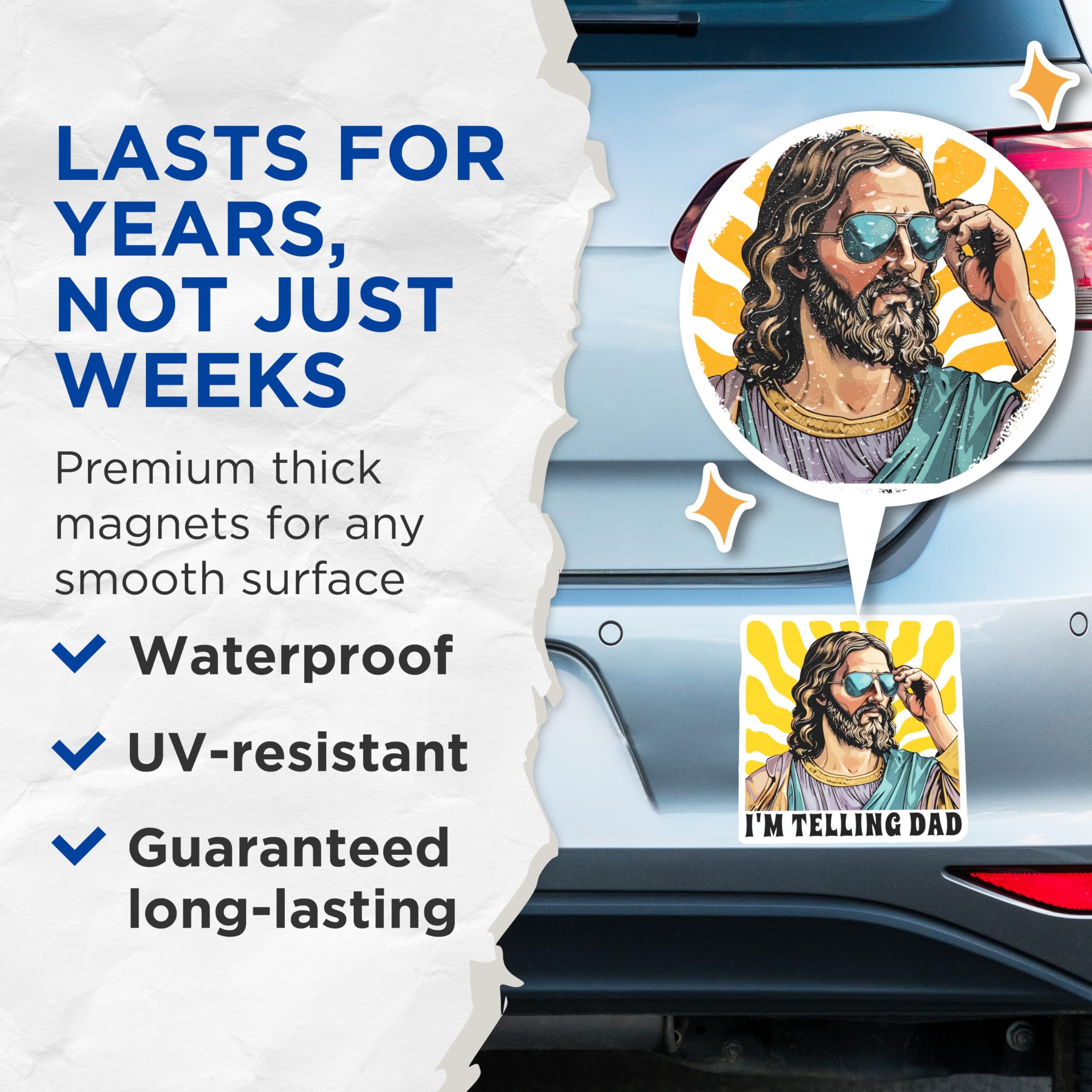 (2 Pack) Im Telling Dad Magnets - Funny Jesus with Sunglasses - Retro Religious Humor - 5 Inches On Longest Side - Thick Durable Magnet - Made in USA - MAG29155