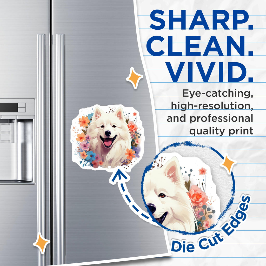 (2 Pack) Samoyed Dog Magnets - Floral Pet Lover - Happy White Puppy Decor - Refrigerator Display for Dog Owners - 5 Inches On Longest Side - Thick Durable Magnet - Made in USA - MAG29847