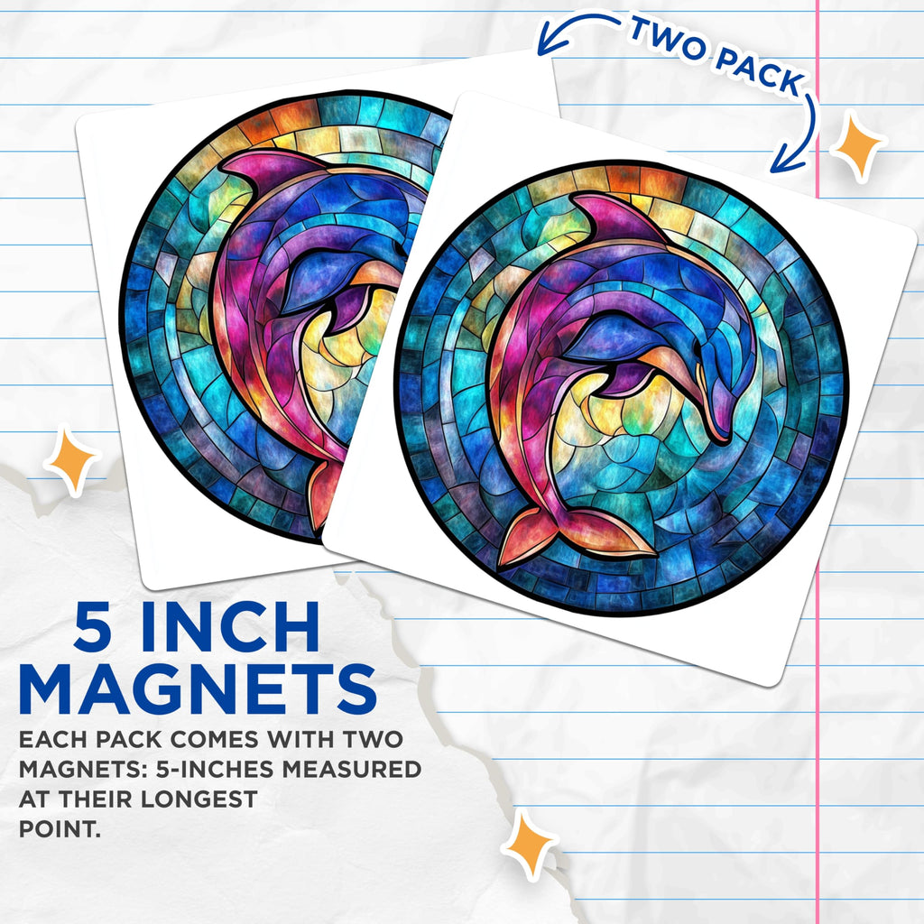 (2 Pack) Stained Glass Dolphin Magnets - Ocean Animal Decor - Vibrant Sea Life Art - 5 Inches On Longest Side - Thick Durable Magnet - Made in USA - MAG26738