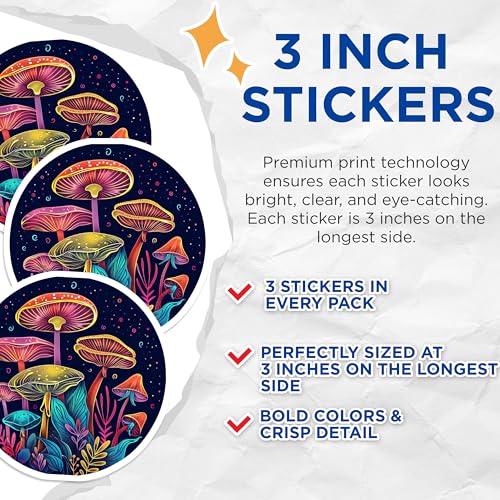 (3 Pack) Mushroom Decals - Fungi Art Stickers - Laptop Decals- 3 Inches On Longest Side - Easy Peel & Apply - Made in USA - 3MCS5590