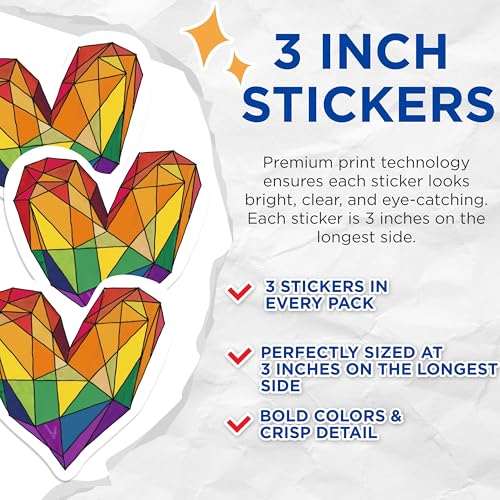 (3 Pack) Geometric Heart Decals - Abstract Art Decals - Rainbow Color Decal - 3 Inches On Longest Side - Easy Peel & Apply - Made in USA - 3MCS1151