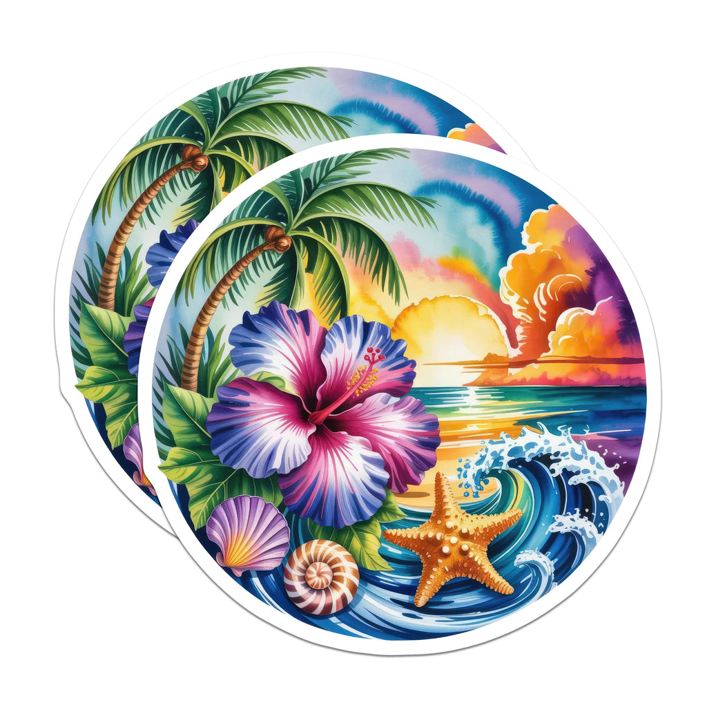 (2 Pack) Tropical Beach Sunset Magnets - Hibiscus Ocean Waves Starfish Seashell - Watercolor Summer Vibes Decor - 5 Inches On Longest Side - Thick Durable Magnet - Made in USA - MAG37804