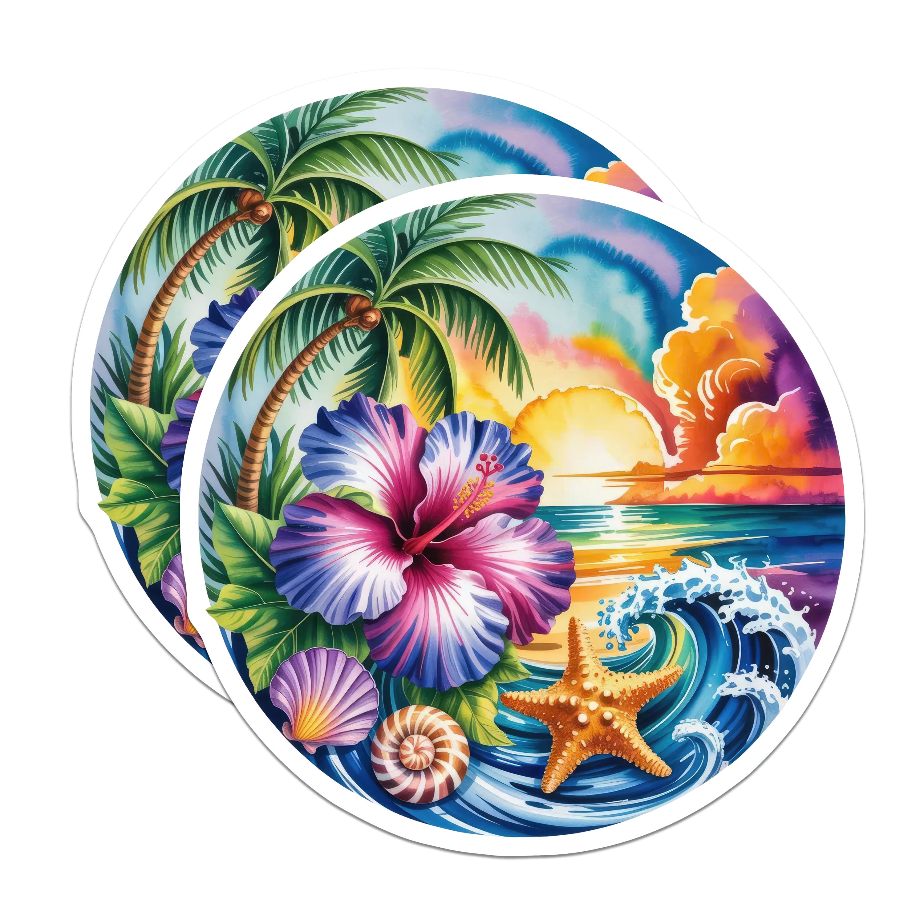 (2 Pack) Tropical Beach Sunset Magnets - Hibiscus Ocean Waves Starfish Seashell - Watercolor Summer Vibes Decor - 5 Inches On Longest Side - Thick Durable Magnet - Made in USA - MAG37804