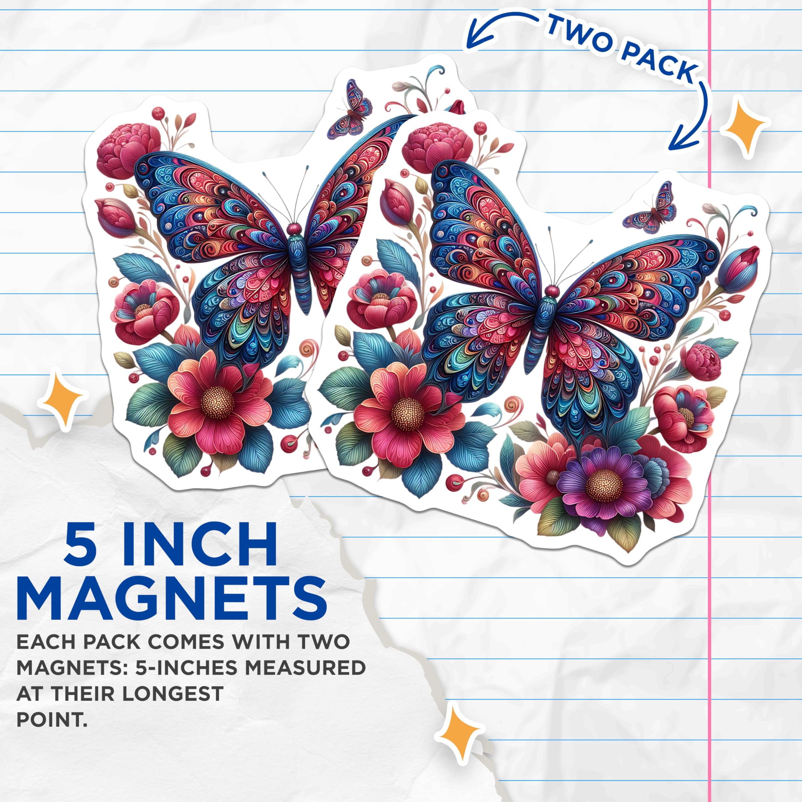 (2 Pack) Butterfly Magnets - Floral Design - Fridge Decor - 5" On Longest Side - Premium Magnet - for Cars, Refrigerators, Toolboxes, Lockers - Made in USA - MAG15660