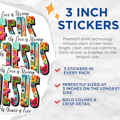 (3 Pack) Jesus Decals - Floral Christian Stickers - Religious Laptop Decal - 3 Inches On Longest Side - Easy Peel & Apply - Made in USA - 3MCS1901