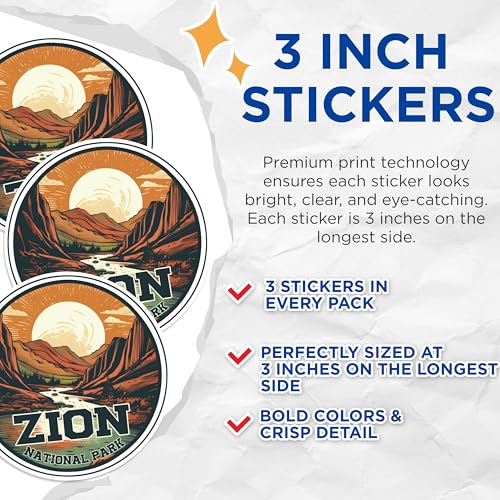 (3 Pack) Zion National Park Decals - USA National Park Sticker - Laptop Decals - 3 Inches On Longest Side - Easy Peel & Apply - Made in USA - 3MCS1418