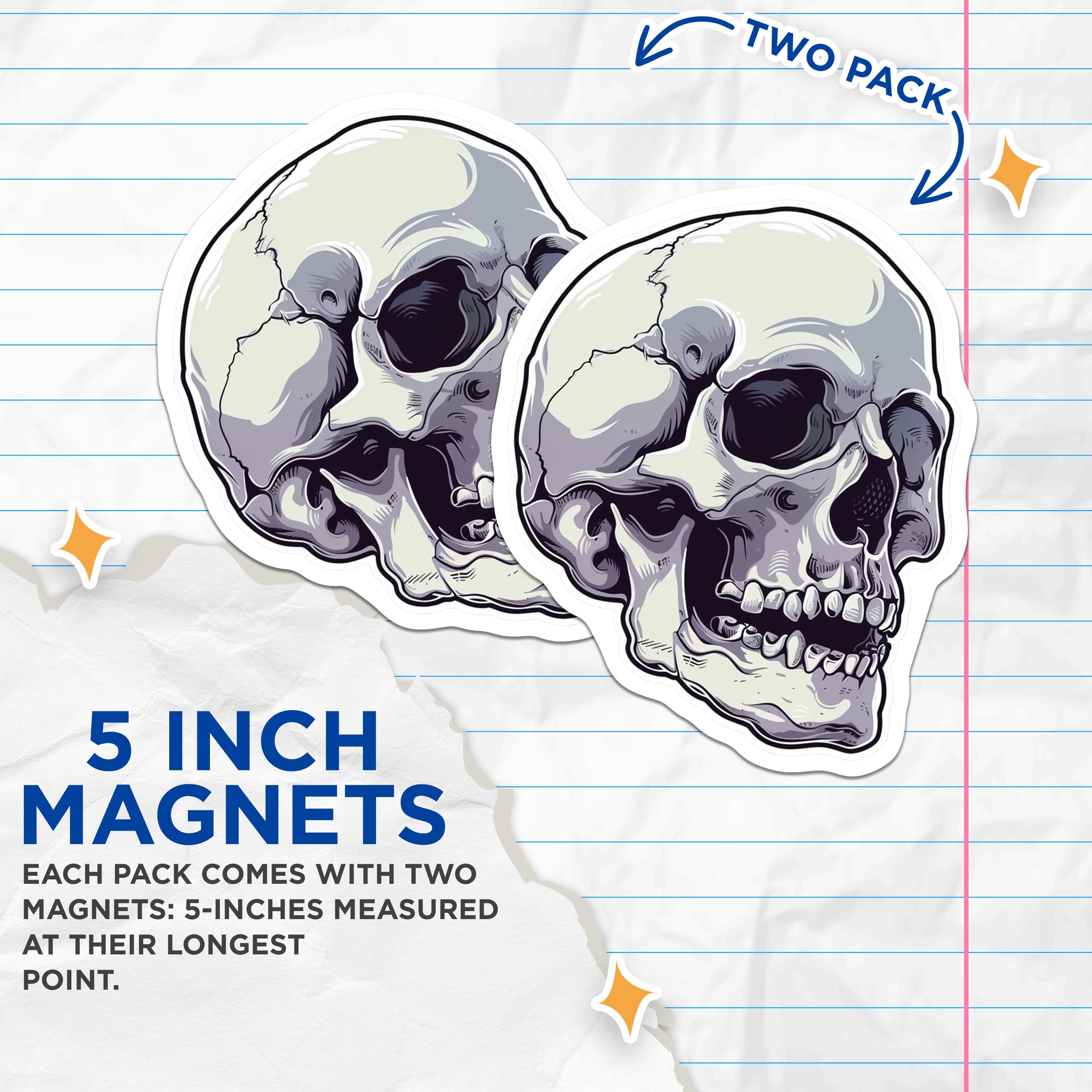 (2 Pack) Gothic Skull Magnets - Human Skeleton Decor - Dark Academia Spooky Anatomy Art - 5 Inches On Longest Side - Thick Durable Magnet - Made in USA - MAG39785