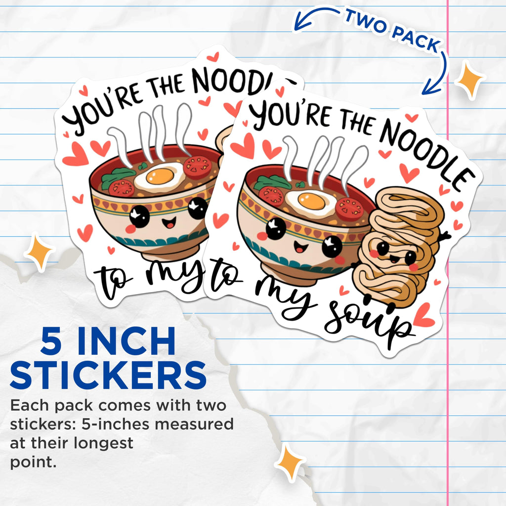 (2 Pack) Cute Food Stickers - Kawaii Ramen Stickers - Fun Noodle Stickers - 5" On Longest Side - Sticks to Smooth Flat Surfaces - Made in USA - BMCS5221